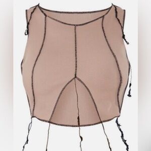 PrettyLittleThing Stone Rib Contrast Overlock Crop Top